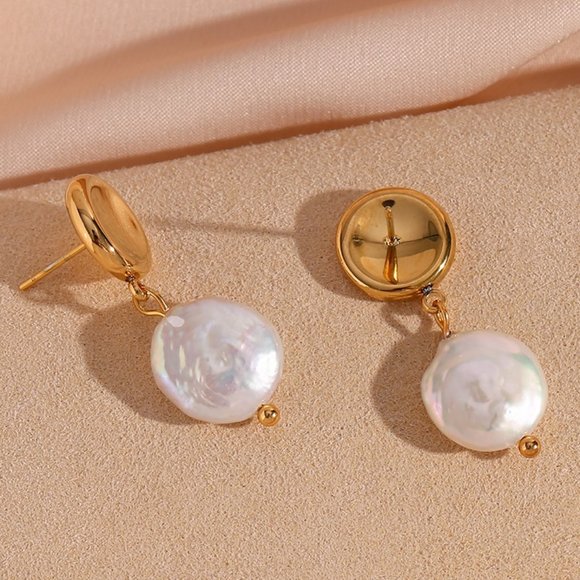 18K Gold Plated Round Stud Fresh Water Pearl Drop Earrings Stainless Steel - Picture 5 of 8